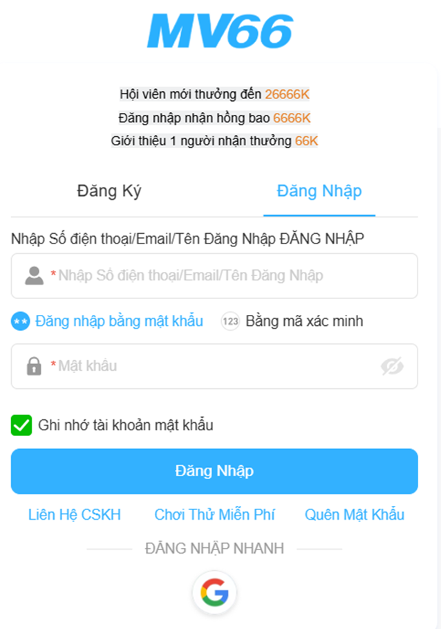 Đăng nhập mv66